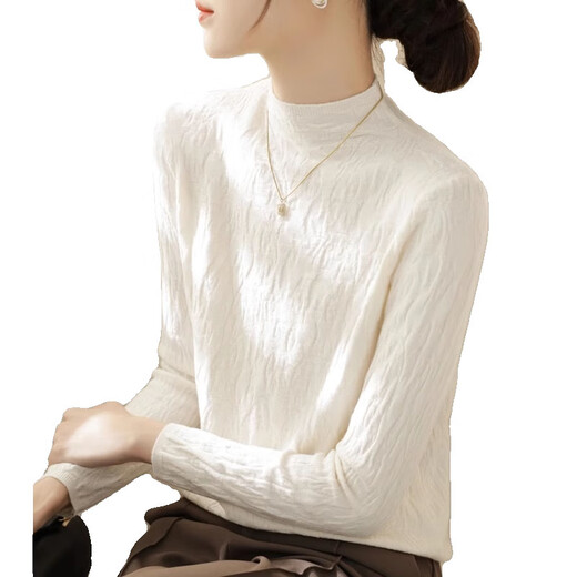 FSAT pleated half turtleneck white bottoming shirt for women in spring and autumn style with mid-collar textured knitted sweater long-sleeved top off-white L recommended 105-120 Jin Jin equals 0.5 kg