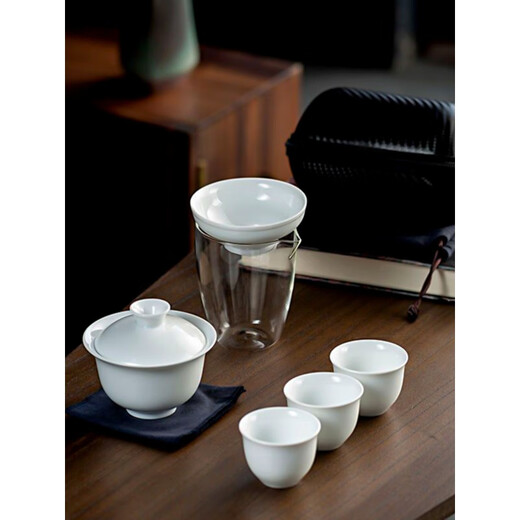 Pupan Kung Fu Cup white porcelain outdoor camping tea set Dehua tea leak tea set travel portable cover reverse buckle cup 3+covered bowl+glass male cup+T gray bag