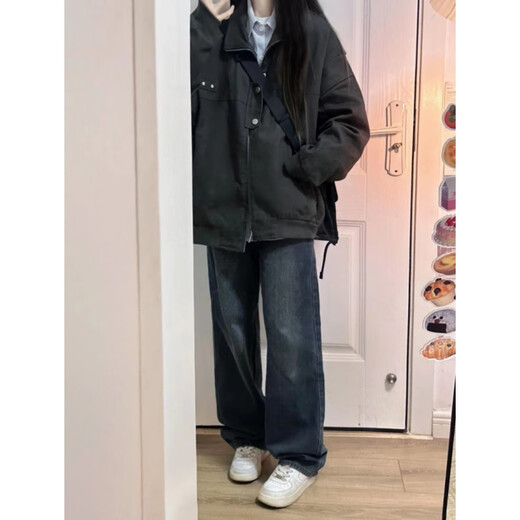7 hochwertige Arbeitsjacken für Männer und Frauen im Frühjahr und Herbst Neue Amerikaner Retro lässig losen Solid Color Männer und Frauen-Fliegerjacke Top SSQ-684 Black M.