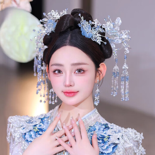 Shiyun bridal tiara Chinese style Xiuhe elegant new ancient costume blue glazed flower hairpin dress wedding dress cheongsam with ice blue Xiuhe tiara set (ear hooks with pierced ears)