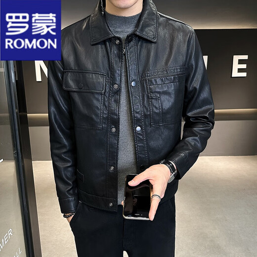 ROMON leather jacket men's spring and autumn 2025 new yuppie handsome young and middle-aged shirt collar casual simple slim motorcycle jacket coffee color regular L