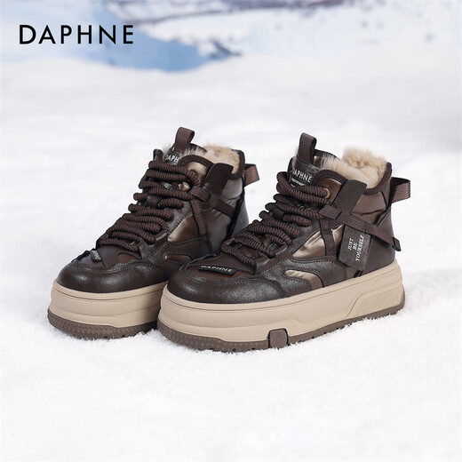 达芙妮雪地靴女鞋2025新款秋冬大棉鞋加绒加厚保暖厚底休闲运动老爹鞋女 咖色 【5.0CM】 37