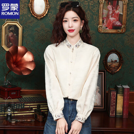ROMON stand collar embroidered long-sleeved shirt for women high-end jacquard women's clothing 2025 early autumn new new Chinese style national style shirt apricot L (recommended 100-110Jin Jin equals 0.5 kg)