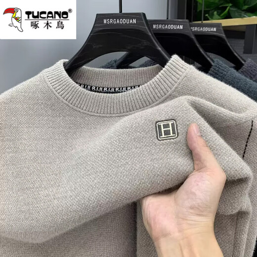 Woodpecker integrated velvet high-end round neck sweater for men's autumn and winter style plus velvet thickened warm base knitted sweater clothes 10749/9906 black [plug thickened] XL