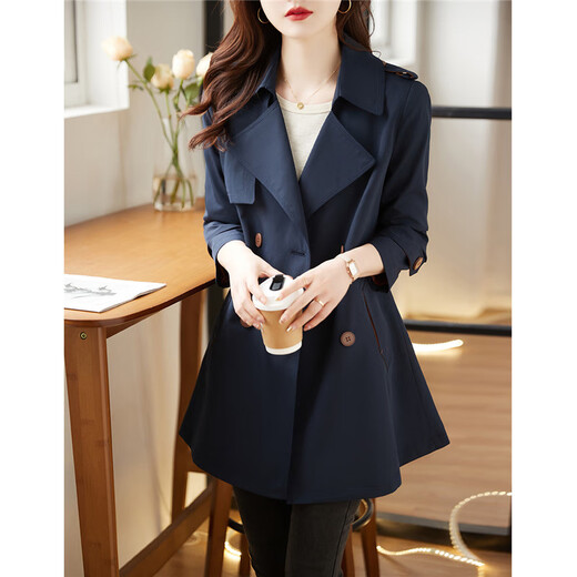 Shang Jing windbreaker jacket for women mid-length small double-breasted solid color high-end fashion slimming windbreaker Navy blue XL
