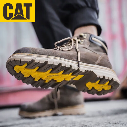 卡特 CAT男鞋中高帮马丁靴防滑耐磨户外登山鞋真皮复古英伦风工装 卡其色 38