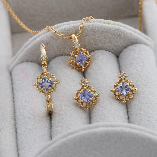 Pop Japanese nojess winter new natural tanzanite rhombus hollow ring necklace earrings 925 silver gold-plated pair of earrings