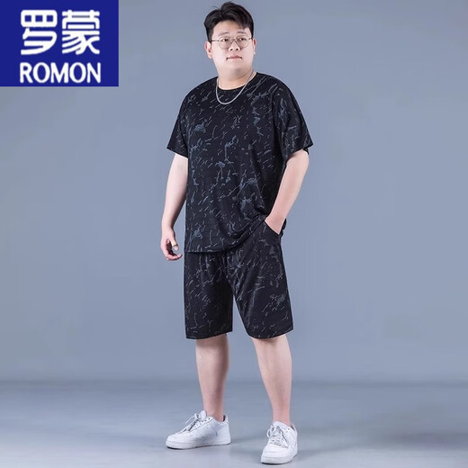 Romon Ice Silk Sports Suit Summer Summer de gran tamaño de tamaño delgado de estilo de estilo rápido para hombres Fat Fat Plus Fat Plus Flow Short Sleas Z826 Negro de alta calidad Traje de seda de hielo 7xl recomendado 250-270Jin [Jin equivale a 0.5 kg]