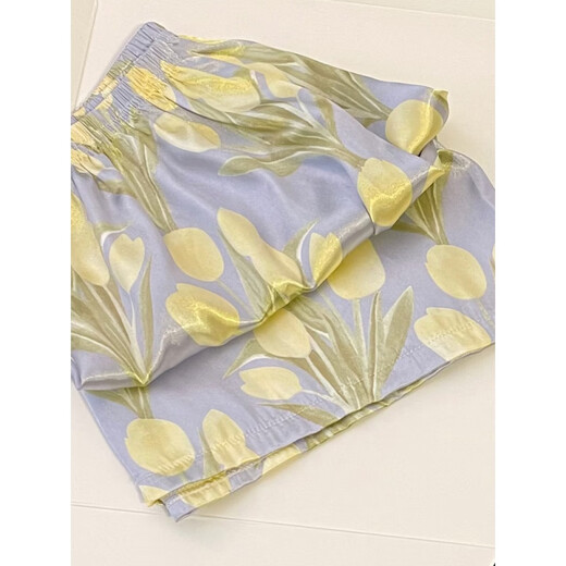 Xuan Mulin Tulip Pyjamas für Frauen im Sommer Dünneis Seiden kurzärmelige Damen große Heimkleidung SDX#9902 Grüne Tulpen kurzärmelige Shorts M 75-95jin [Jin gleich 0,5 kg]