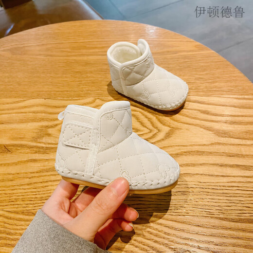 伊顿德鲁婴儿鞋袜秋冬季软底不掉0一1岁6到12个月男女宝宝加绒保暖软底鞋 卡其色2387 17码内长13.0cm(适合10-14个月)