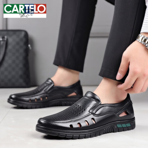 Kartel Herbst Neue Männer hohle Sandalen Herren echte Leder mit mittleren Alters und älteren Daddy-Schuhen atmungsablöschbarer Lederschuhe Herrenhöhle Black 9887-2 41 41