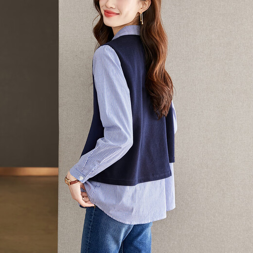 Yisijia 2025 Spring and Autumn New Blue Stripe Splicing Fake Two-piece Shirt Women's Design Casual Long-Sleeved Shirt Top Navy Blue S