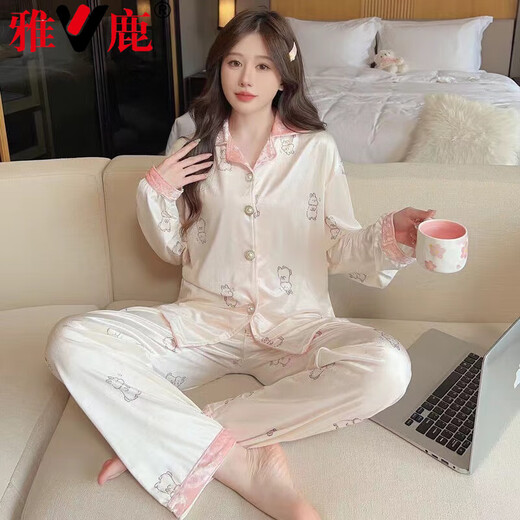 雅鹿金丝绒睡衣女春秋款冬季长袖开衫卡通猫咪感家居服可外穿ins 9905条纹 2XL 建议135-150斤