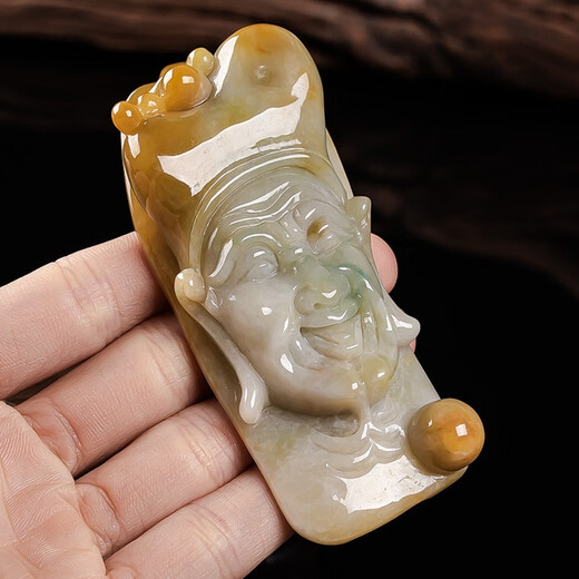 科初玉器飘花黄翡天然缅甸翡翠玉石雕刻济公活佛手把玩件11964