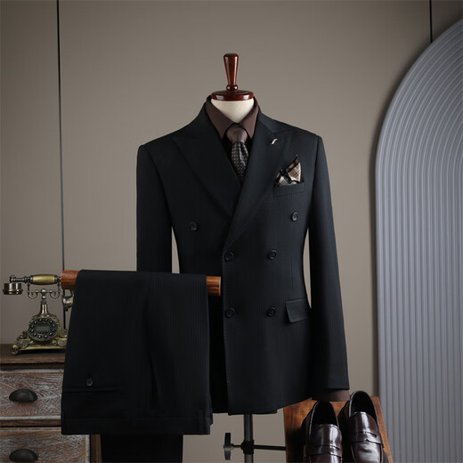 DK high-end men's lapel suit suit men's double-breasted jacket casual business formal groomsman wedding suit dark gray stripes (suit + vest + trousers) 6XL suitable (185-200)