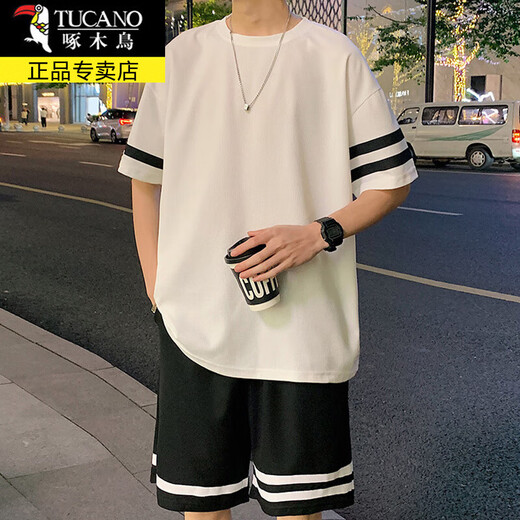 Holzspecker (Tucano) Ice Seide Kurzärärmelte T-Shirt-Herrenanzug Sommer kurzärmelige Männer mit halbärmeligem Gelegenheits-Basis-Hemd Summers Set Herrenanzug fks653 Weißer Anzug XL etwa 130-150jin [Jin gleich 0,5 kg]