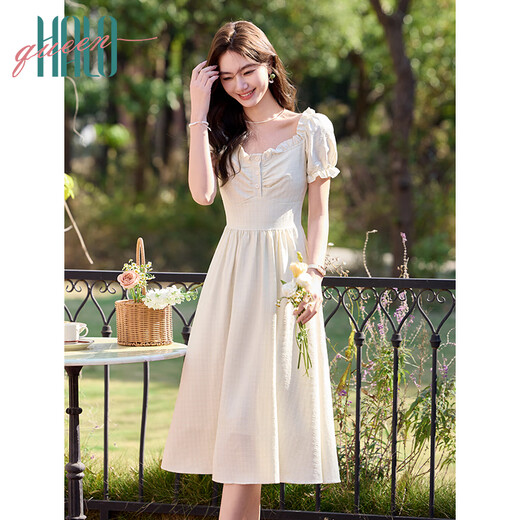 Halo Queen短袖连衣裙女夏季法式甜美风长裙泡泡袖小众气质连衣裙H52Q006