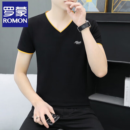 罗蒙（ROMON）青年棉v领半袖t恤男士夏季新款男士新款纯色鸡心领短袖t恤衫帅气 白色 QY691 M 90-斤