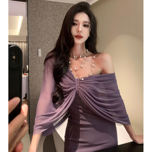 艾莫克感紫色抹胸连衣裙御姐气质设计感假两件包臀裙旅游酒会穿搭 紫色 S