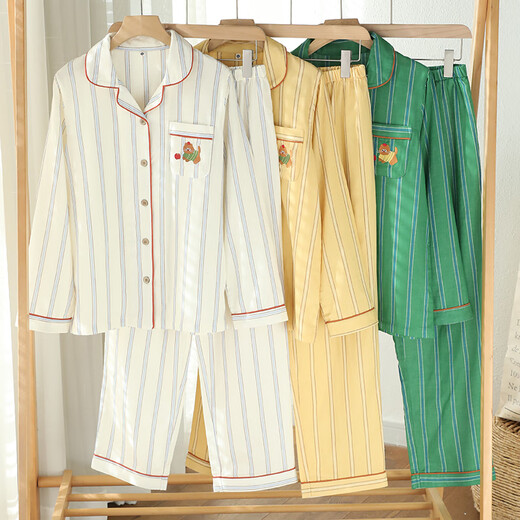 Miandao couple pajamas spring and summer pure cotton gauze long-sleeved suit simple striped men and women can wear outside home clothes yellow strip (women's style) L