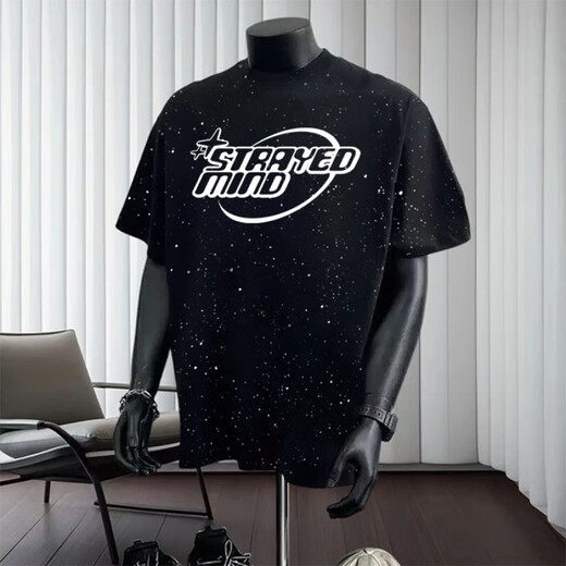 Jinrenchu 2025 Été Nouveau American Star T-shirt lourd à manches courtes Ins Ins Round Round Col Top polyvalent M7 Black à manches courtes 733 S