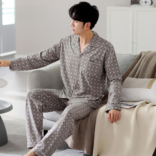 Catman (Miiow) Pyjamas pour hommes Spring and Automne Coton Pure Coton Longue 2025 Nouvel automne d'âge moyen et âgé père homme mince automne et vêtements d'hiver 3882 L (170 tailles) recommandés pour porter du poids 120-140