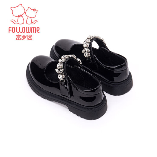 Fuluo Mi Girls' Leather Shoes Spring and Autumn Fashionable Rhinestone Princess Shoes Children's Performance Shoes Black 34