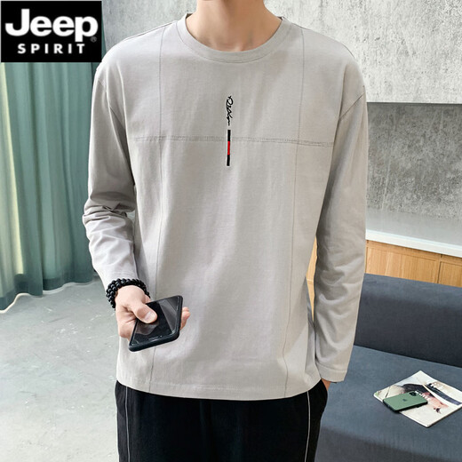JEEP SPIRIT长袖T恤男春夏薄款纯棉打底衫春秋加大码男装中青年小衫外穿秋衣 692杏色 4XL
