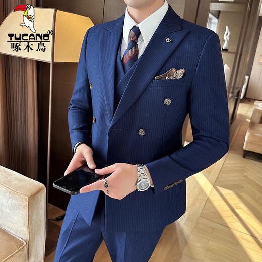 Woodpecker (TUCANO) lapel collar double-breasted suit men's slim suit striped small suit professional formal suit groom handsome wedding dress black one-piece suit XL