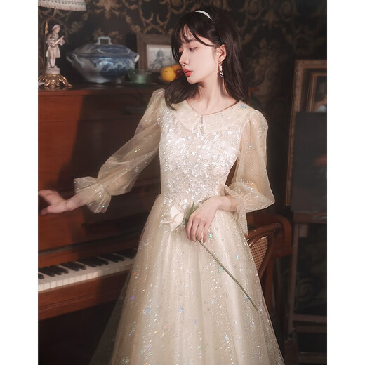 Zhufan music student art examination dress piano performance fairy evening girl vocal banquet adult ceremony dignified and elegant middle school student champagne color long sleeves mid-length zipper style S