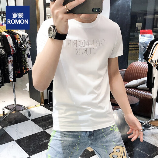 罗蒙（ROMON）短袖t恤男士圆领冰丝2025夏季新款修身个性刺绣烫钻欧货丝光棉潮 724闪电R白色 XL