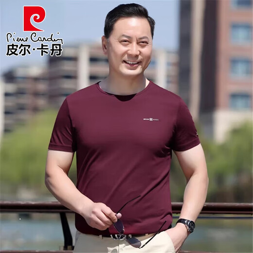 Pierre Cardin dad wear middle-aged men's short-sleeved T-shirt 2025 summer pure cotton round neck old man's shirt middle-aged and elderly men's tops 6625 purple no pocket 165 recommended 120Jin Jin is equal to 0.5 kg or less S