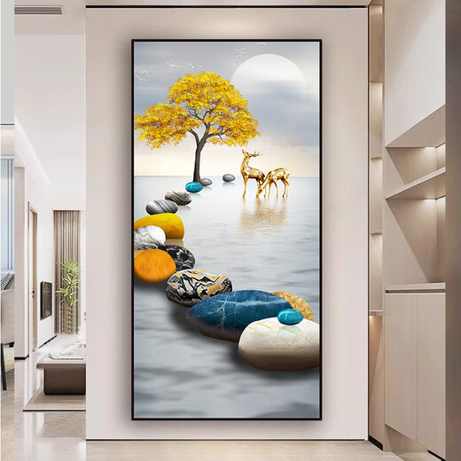 山头林村麋鹿玄关贴画墙贴自粘装饰画入户客厅背景墙走廊墙壁壁画贴纸墙画 九鱼财瑞-XG-653:金色边框 宽50*高100cm