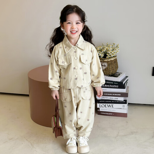La tarjeta de la tarjeta es para el traje de niñas primavera y otoño 2025 ropa nueva para niños de la chaqueta de trabajo casual de la niña de la niña de dos piezas de dos piezas de loto rosa rosa y traje de otoño de 110 cm recomendado para 3-4 años (aproximadamente 105 altura)