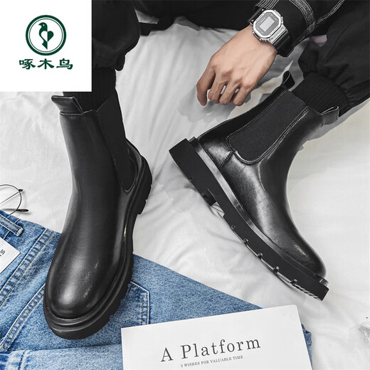 Woodpecker Spring 2025 New Martin Boots Men's Chelsea Boots Thick Sole High Top British Work Boots Men's Shoes Trendy Spring and Autumn Black 39
