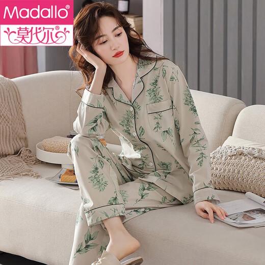 Modal pajamas women's spring and autumn pure cotton long sleeve autumn full cotton thin women's autumn and winter large-size autumn home clothing set XEQ-9215 lilac brown 2XL (175)