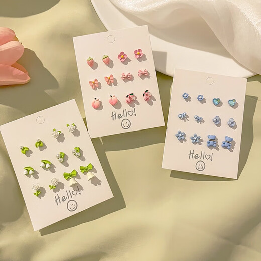 Earrings for women, spring and summer earrings, cute student earrings, forest style set, no need to take off earrings for sleeping, pink face with spring