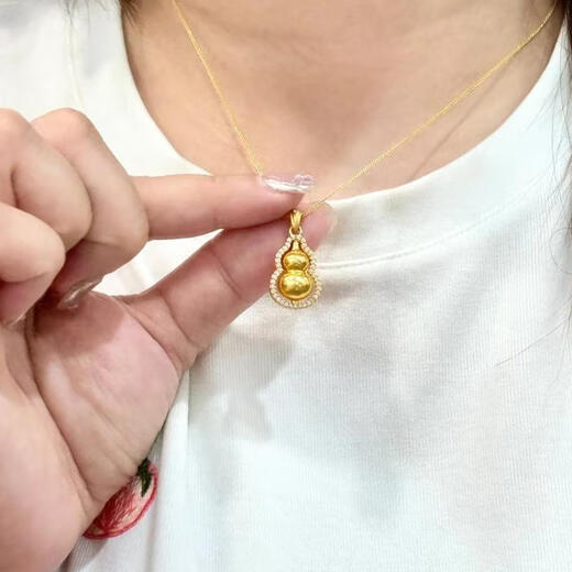 Chuxiao gold necklace 18K women's ancient gold Chopin chain 3D hard gold double-sided Fulu turning point diamond gourd pendant 2024 hot style gourd + bead chain