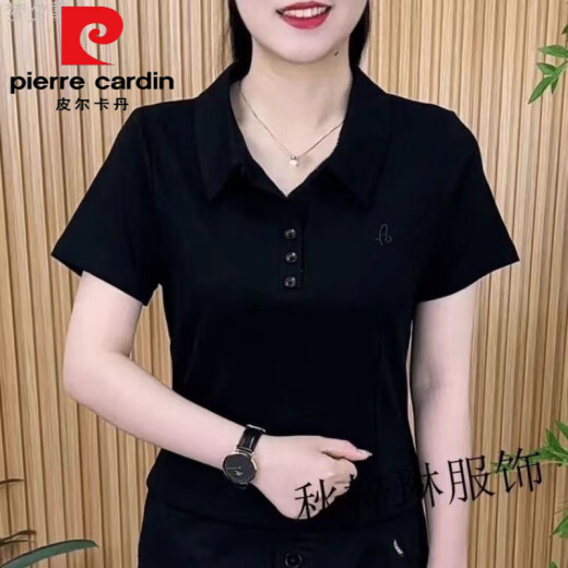 皮尔卡丹（pierre cardin）女士夏季polo衫翻领短袖t恤中年妈妈显瘦运动2025新款遮肚子上衣 9929黑色今年流行的轻奢品牌 XL 建议115-130斤