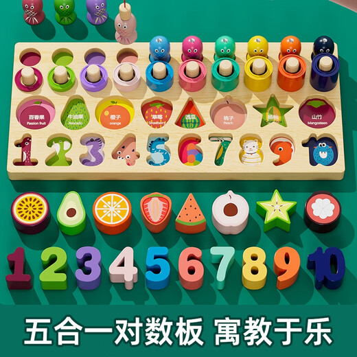 喆湘德国品质儿童数字玩具0-3岁宝宝形状配对玩具拼图婴幼儿木质玩具 蒙氏五合一水果配对板+八音琴+扭