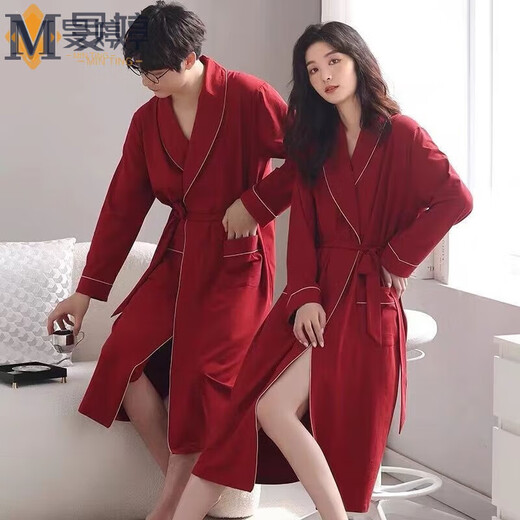 旻婷情侣睡袍春秋款结婚新娘浴袍晨袍男女新婚喜庆大红色中长款家居服 96834 男款L