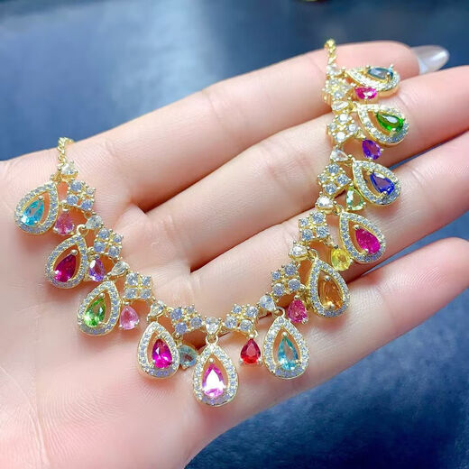 Fujiu Tourmaline naturelle + saphir coloré + apatite + tanzanite + collier en cristal rangée Seiko 925 incrustation en argent