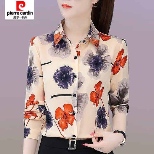 皮尔卡丹（pierre cardin）印花衬衫女长袖春秋装新款洋气雪纺衬衣中妈妈减龄百搭洋气上衣 LRJ 3519 大红 M (建议90-100斤)