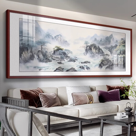 Linyu living room hanging painting landscape landscape painting new Chinese style sofa background wall decoration painting tea room office mural ink painting Xianshanfudi-F style 150*60cm teak color solid wood frame texture matte oil canvas style