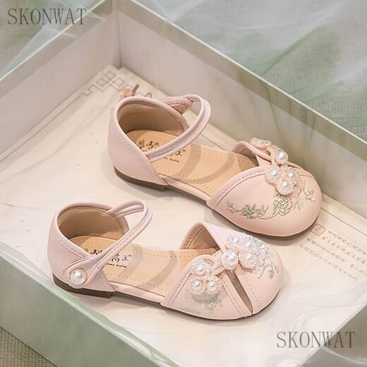 SKONWAT女童汉服鞋夏季国风鞋春秋儿童配马面裙鞋子中式绣花鞋古风童鞋 米色 33码内长20.6cm