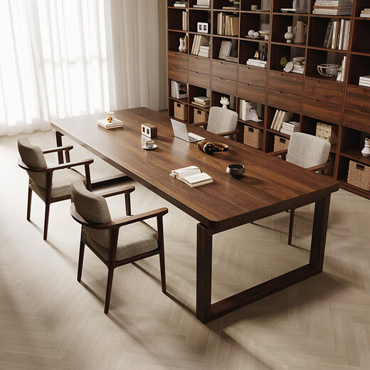 Iron Emperor walnut living room solid wood desk modern double computer table dining table work table long table study table office tea table rubber wood bachelor's chair (fabric seat)