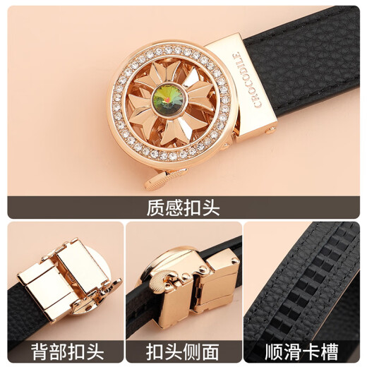鳄鱼恤真头层牛皮精致圆扣腰带女士时尚自动扣皮带生日520礼物T3887黑