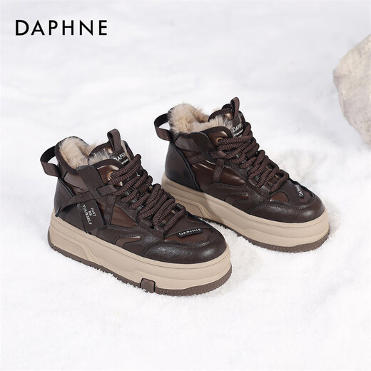 达芙妮雪地靴女鞋2025新款秋冬大棉鞋加绒加厚保暖厚底休闲运动老爹鞋女 咖色 【5.0CM】 37