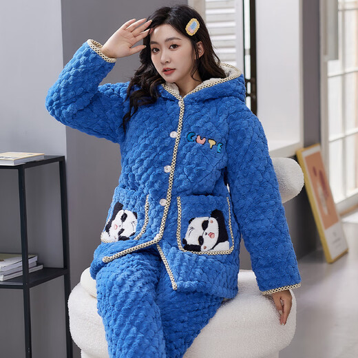 Pyjamas von BEIXINGTONG für Frauen mit dreischichtiger Baumwolle im Winter und samtdickter Korallenmerze Neues Flanell warmes Kapuze-Kleidungsstück [2 Teile) BXT-6636 XL [Vorgeschlagen 115-140jin [Jin gleich 0,5 kg]]
