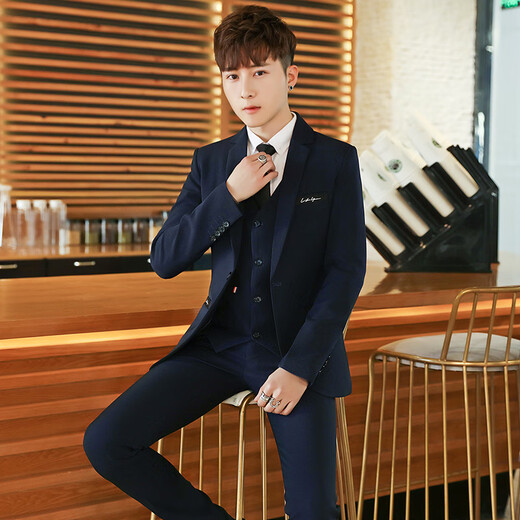 ROMON Men's Casual Small Suit Korean Style Slim Groom Wedding Dress Trendy Handsome Small Suit Jacket Black Suit + Trousers Two-piece Set XL 120-138Jin Jin is equal to 0.5kg Wear